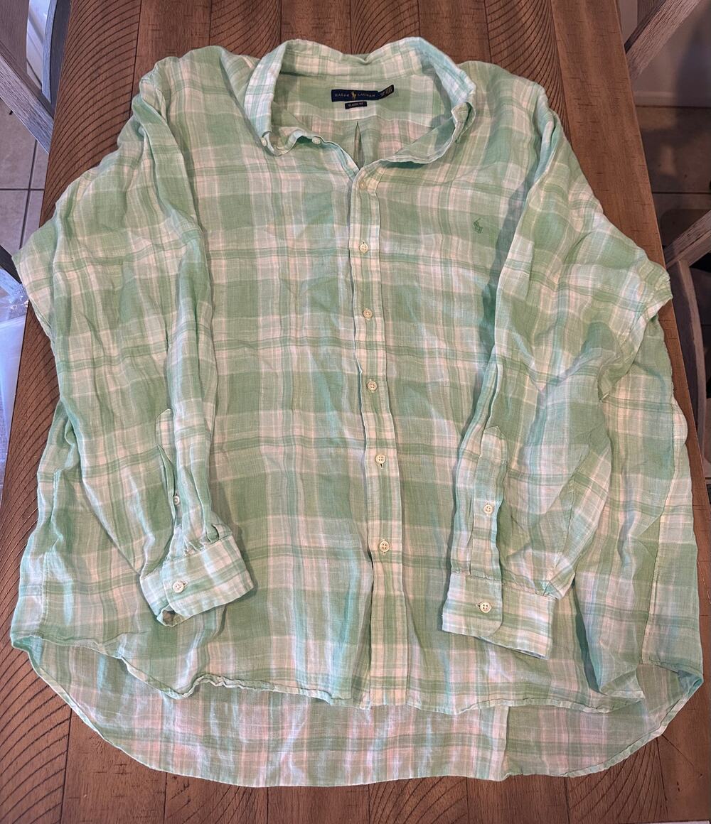 Ralph Lauren Mens 2XB Green White Plaid Long Sleeve Linen Button Down Shirt